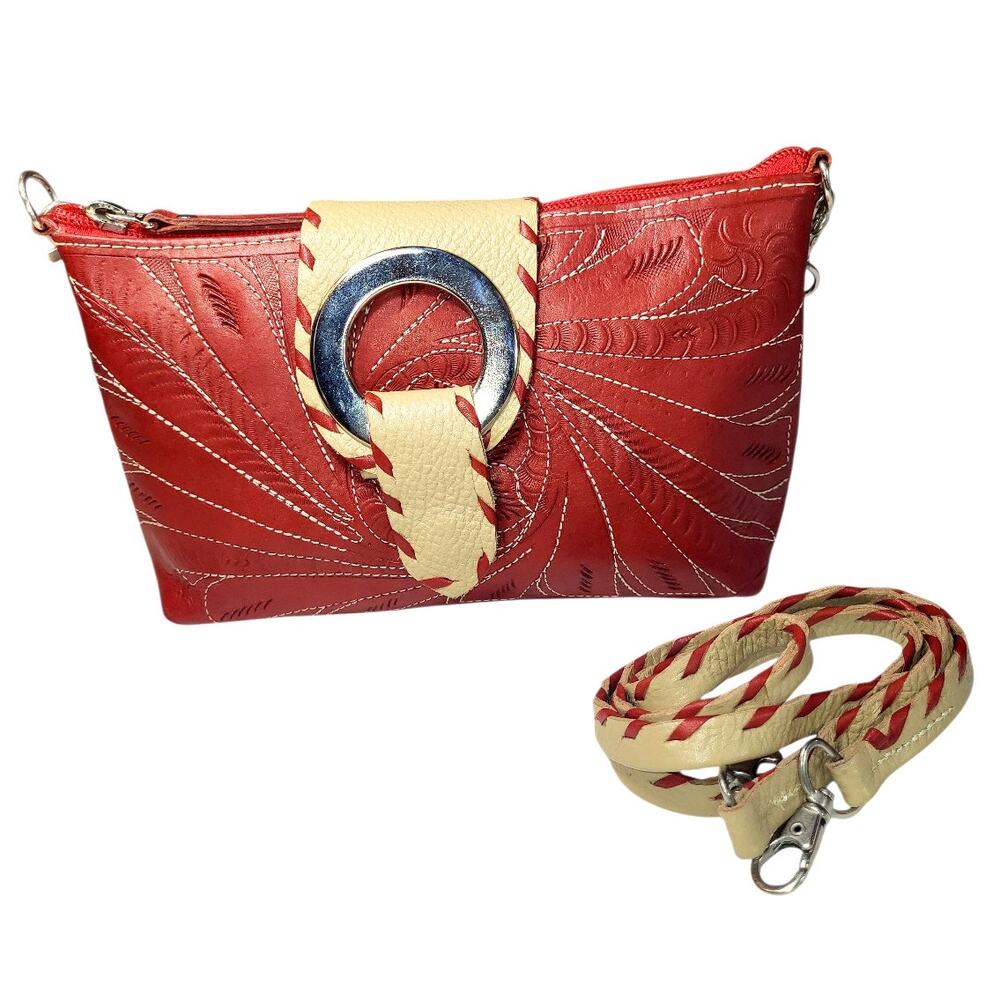 Vintage LL Leaders in Leather Tooled/ Stitched Red Leather Crossbody Bag